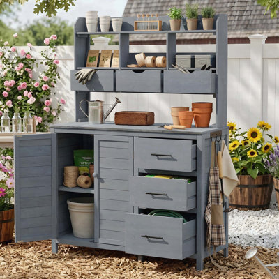 44.6" Farmhouse Potting Bench Table with 6 Drawers, Bottom Cabinet & Side Hooks, Freestanding Outdoor Garden Workstation, Gray