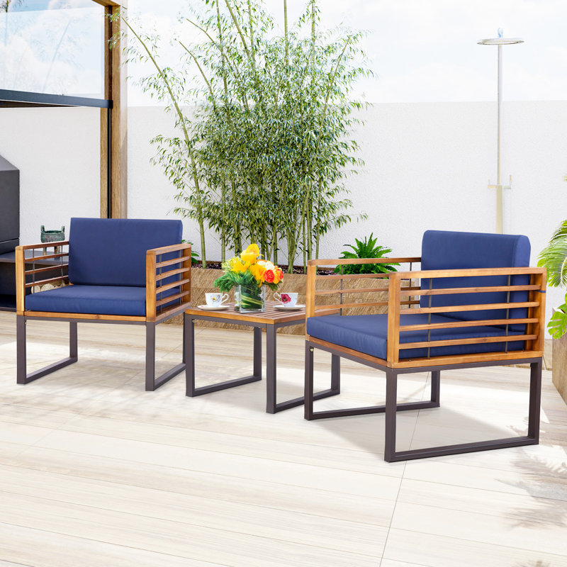 Ensemble de conversation 3 pièces en bois d'acacia de patio avec fauteuils rembourrés