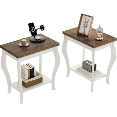 Table d'appoint de salon avec pieds courbés et tablette de rangement, petite table de bout pour petits espaces, finition blanc doux