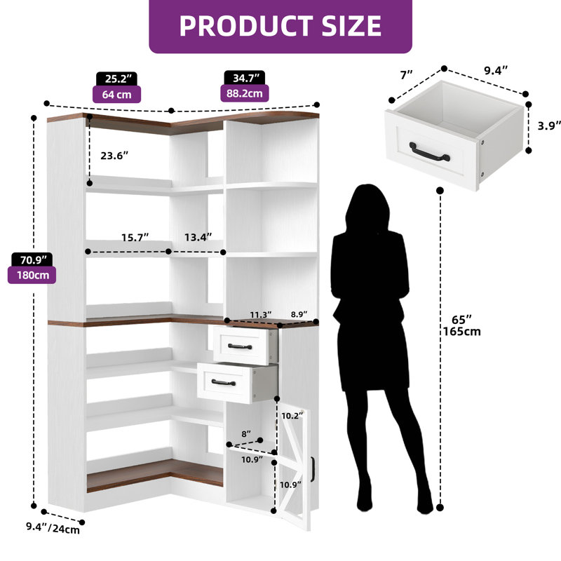  L-Shaped Corner Bookshelf With LED Lights & Drawers