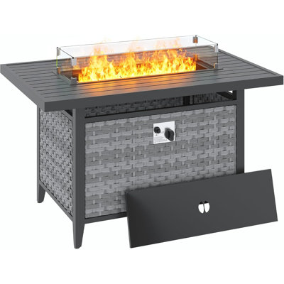 43" Rattan Rectangular Propane Fire Pit Table with Wind Guard & Cover, Black