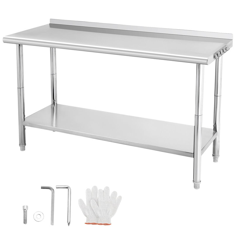 Table de travail en acier inoxydable avec roulettes, table de préparation commerciale 60 po x 24 po x 35 po, tablette réglable, dosseret pour la cuisine et le garage
