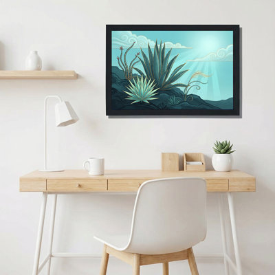 Agave bleue et plantes grasses avec contours dorés et art mural sur toile