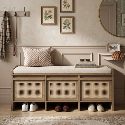 Wooden Entryway Shoe Storage Bench, 48.1" Retro Bench With Rattan Drawers & Button‑Tufted Removable Cushion, Safe Hydraulic Hinge Hidden Storage For Foyer Hall