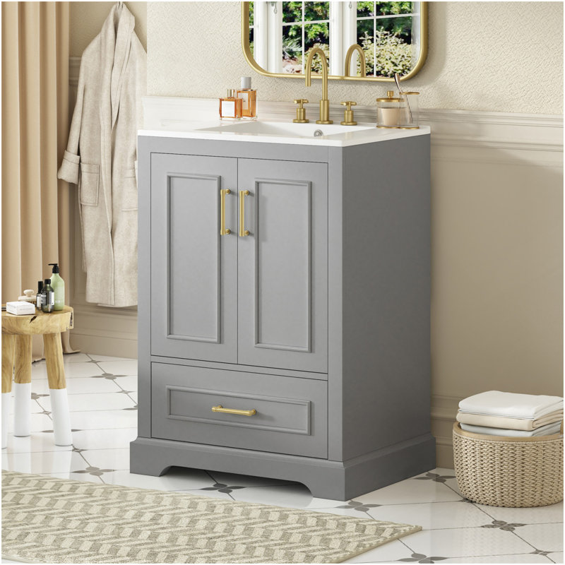 24"Bathroom Vanity With Sink, MDF Cabinet With Wood Frame, 1 Divided Drawer And 2 Soft Close Doors With Double Shelf On The Door, Freestanding Vanity