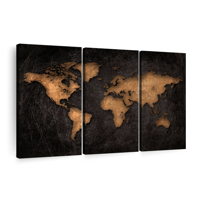 «World Map Aged World Map XXXIV», ensemble de 3 pièces sur toile par Finnian P, H 42 po x l 65 po x P 1,25 po