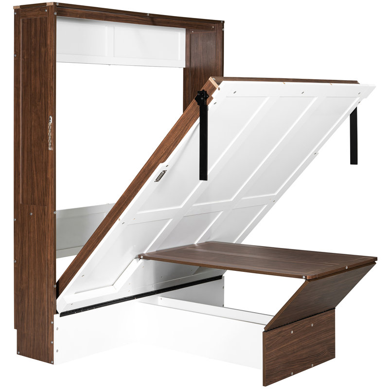 Lit double avec espace de travail intégré, style noyer et blanc, idéal pour les petites chambres d'amis et les bureaux à domicile, bureau pliable mural pour économiser de l'espace, décorations scandinaves, bois massif