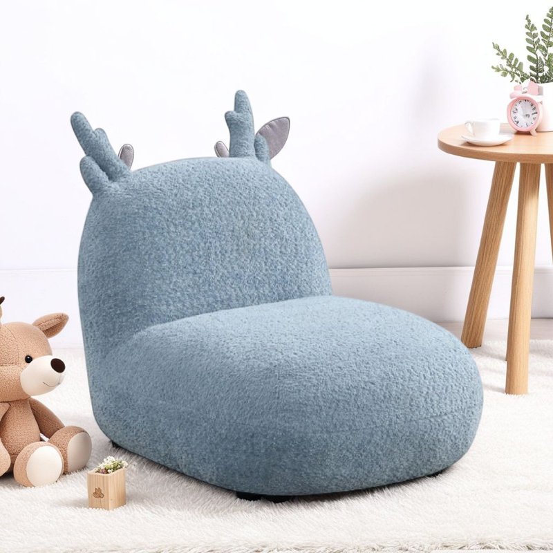 Chaise pour enfant en forme de cerf Wesie, oreille sculptée et bois, chenille, Bleu