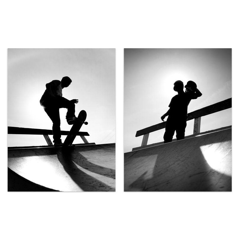 Skater Boy Silhouette On Half Pipe 2-Piece Set Unframed Wall Art Prints Boys Bedroom Aesthetic Skateboard