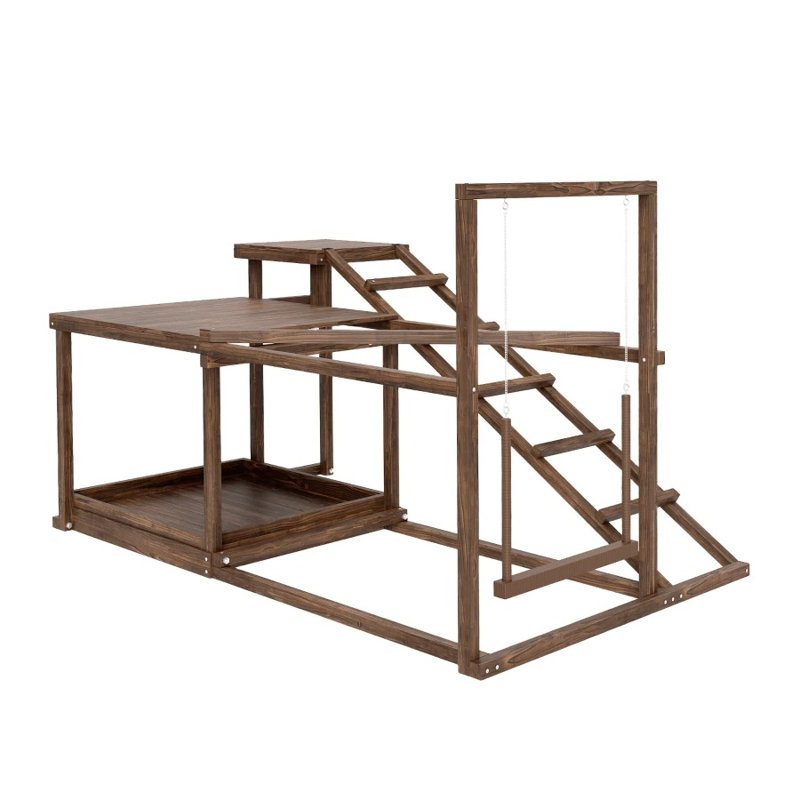Ensemble de jeu en bois multi-niveaux avec échelles et balançoire, finition café