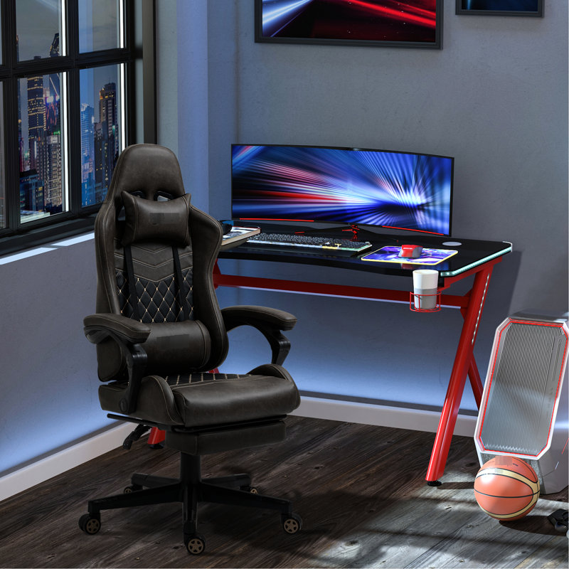 Racing Computer Desk Chair In Brown, Pu Leather, Adjustable, Footrest, Lumbar Support Brown Leather Office Recliner Chair,