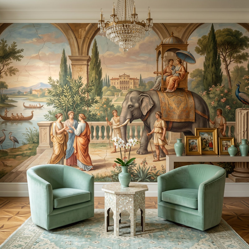 Papier peint classique paysage mural Éléphant antique procession murale amovible, 120 po x 96 po, Non tissé