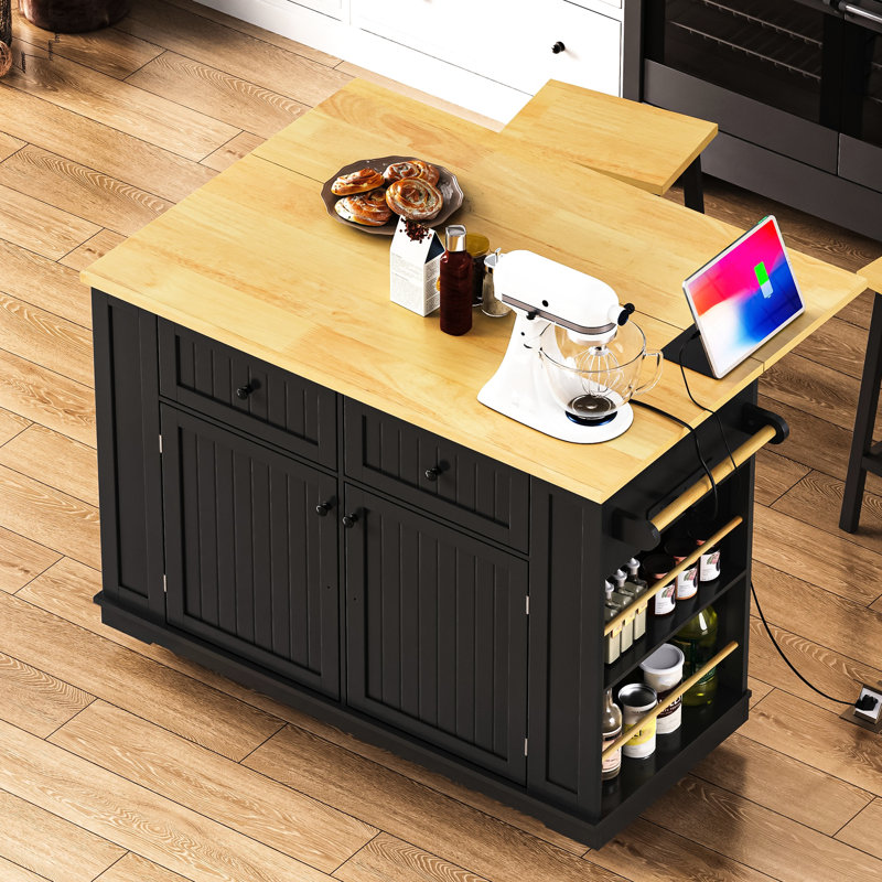 Grand îlot de cuisine de 48 pouces avec rangement interne et prise de courant. Chariot roulant pour et salle à manger, version noire Space Power. Repas à 5 roulettes, look
