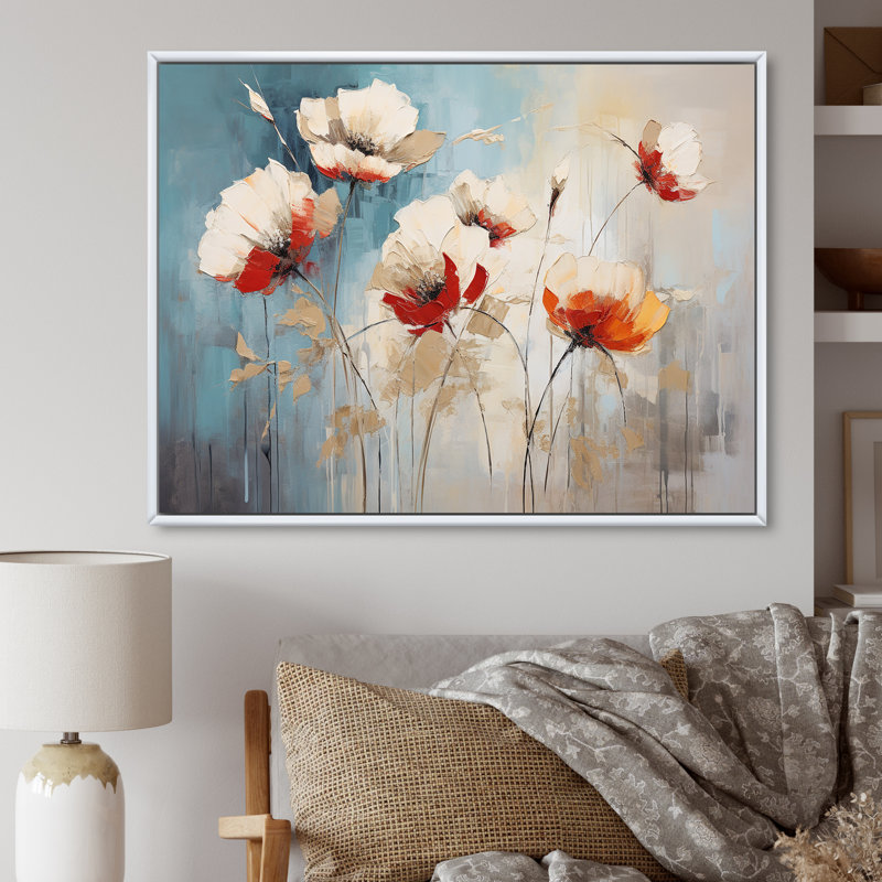 «Beige Poppy Meadow Melody I» sur toile, Cadre flottant blanc, H 34 po x l 44 po x P 1,5 po