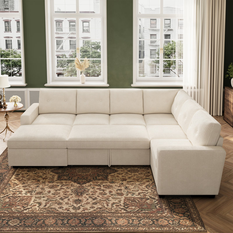 Canapé-lit d'angle en velours côtelé Abramson de 270 cm (106,2 po) en forme de U avec pouf de rangement, Velours côtelé beige