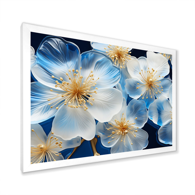 Tranquil blanc et bleu coquelicots - coquelicots, art mural, Cadre de coin blanc fermé, H 16 po x l 32 po x P 1 po