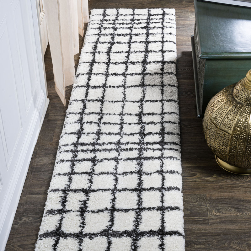 Arenal Geometric Grid Shag White/Gray Rug, Runner 2' x 10'
