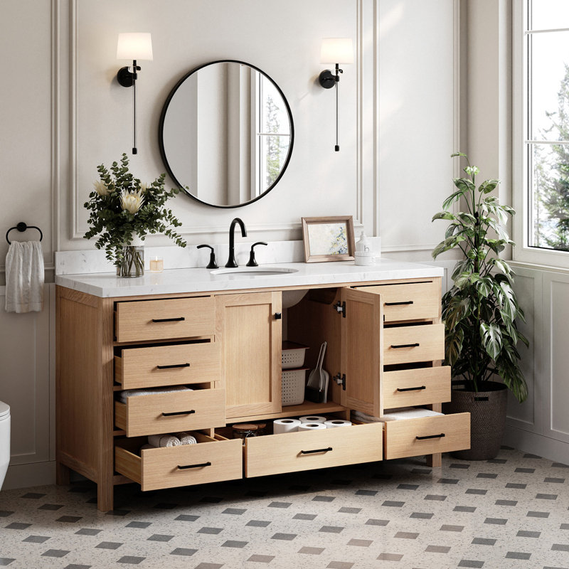 Cambridge 66.25'' Single Bathroom Vanity with Carrara Quartz Top, Oak