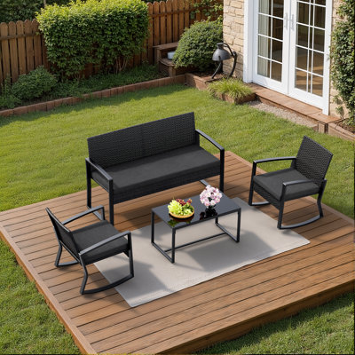 Wicker 4-Person Patio Seating Group with Cushions, Loveseat, Rocking Chairs & Coffee Table