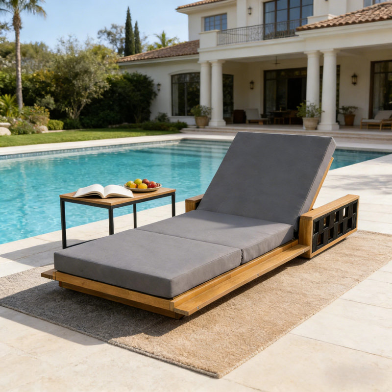 Chaise longue de patio en bois d'acacia Schnitzer avec dossier réglable et coussin à 3 volets (table non incluse), Gris foncé