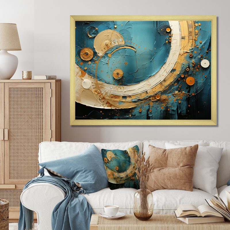 Gerlanda Gold Teal Abstract Spirals III, reproduction d'art sur toile, Encadrement doré, H 12 po x l 20 po x P 1 po