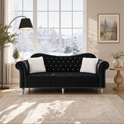 88.6" Chesterfield Sofa, Velvet Couch with Crystal Diamond Inlay on Seat & Back, Black