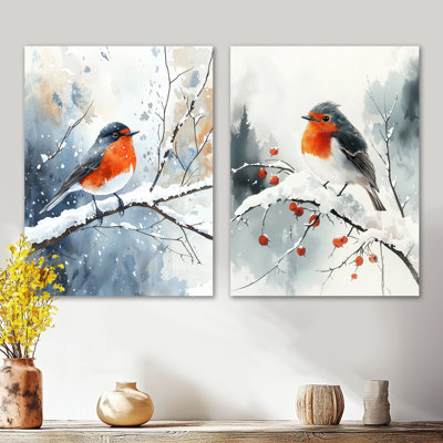 «Robin Bird in Winter Snow I - Nature», ensemble de 2 reproductions d'art murales en métal
