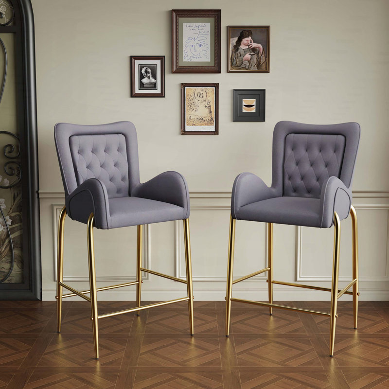 Tabourets de bar à hauteur de comptoir en velours et pieds dorés, ensemble de 2