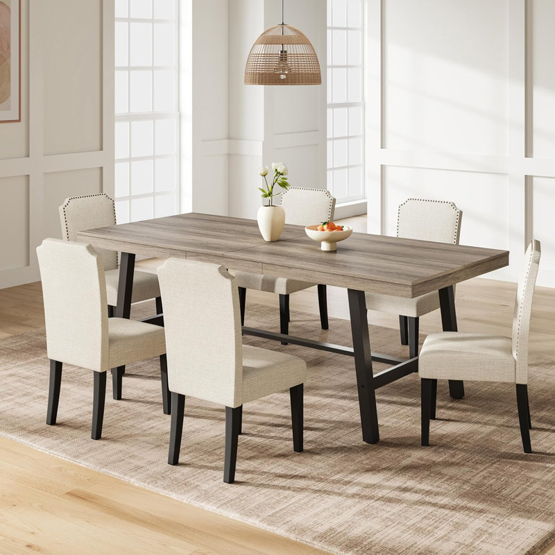 Table de salle à manger industrielle pour 6-8, table de cuisine rectangulaire extra longue 78,74 po avec pieds en métal 2 po x 2 po et plateau en bois, grande table de salle à manger pour la salle à manger, bureau personnel, noyer gris