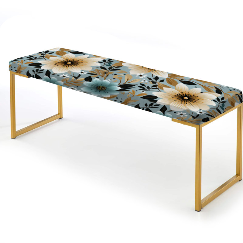 Floral Upholstered Gold Bench, Ivory Coastal Elegance Floral Pattern