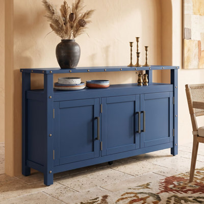 Wooden 3-Door Buffet Cabinet with Open Shelf, Metal Rivets and Adjustable Feet for Dining Room