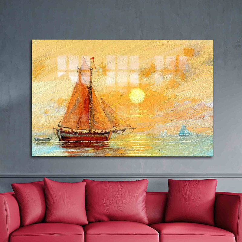 Art mural en verre trempé mettant en vedette un paysage de mer avec des bateaux de pêche au coucher du soleil pour la décoration intérieure
