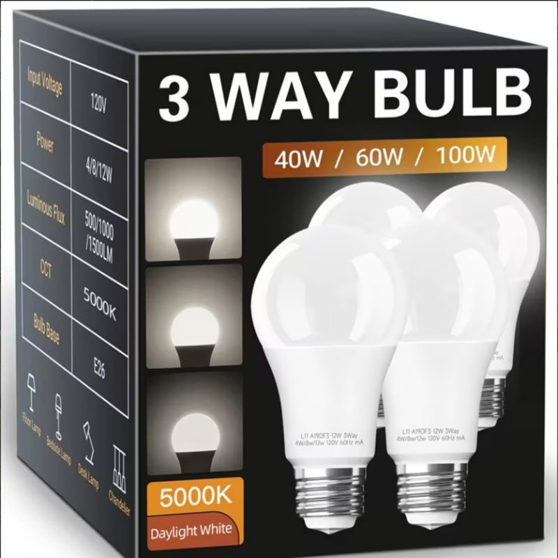 Paquet de 4 ampoules DEL à 3 voies A19, 12 W 1500LM E26 culot 2700K, ampoule à DEL blanc chaud en plastique, ampoules à intensité variable à trois niveaux 120 V pour les luminaires intérieurs