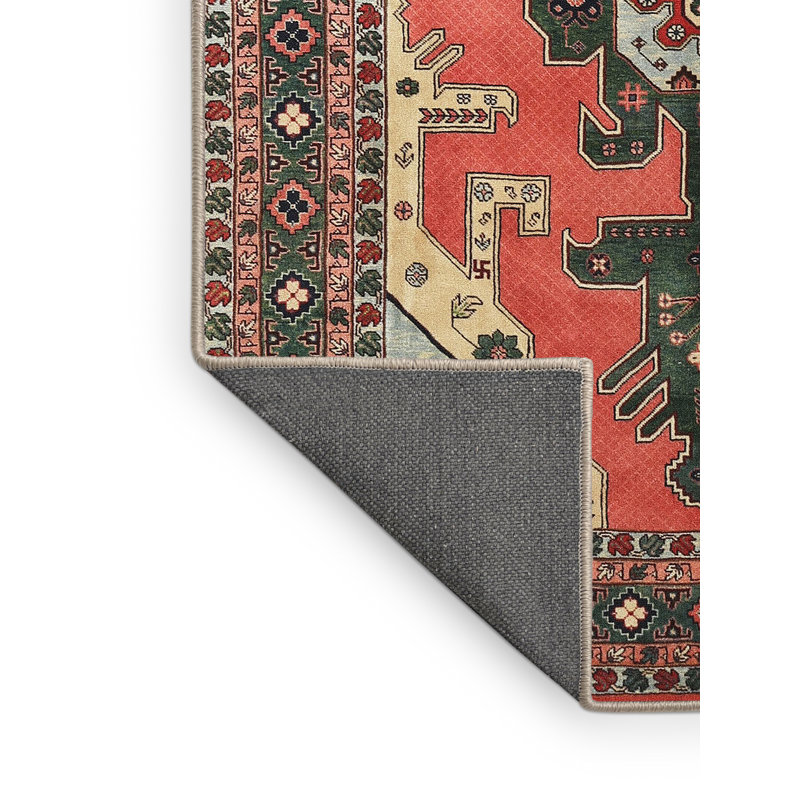 Tapis traditionnel rouge / vert / gris Carmelia, Rectangle 2 pi x 5 pi