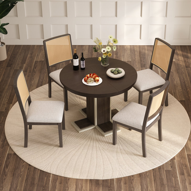 Round Dining Table For 4 With Chairs Set, Extendable Dining Table Set With 16" Removable Middle Leaf 5 Piece Retro Dining Table Set Double Layer Design For Kitchen Dining Room