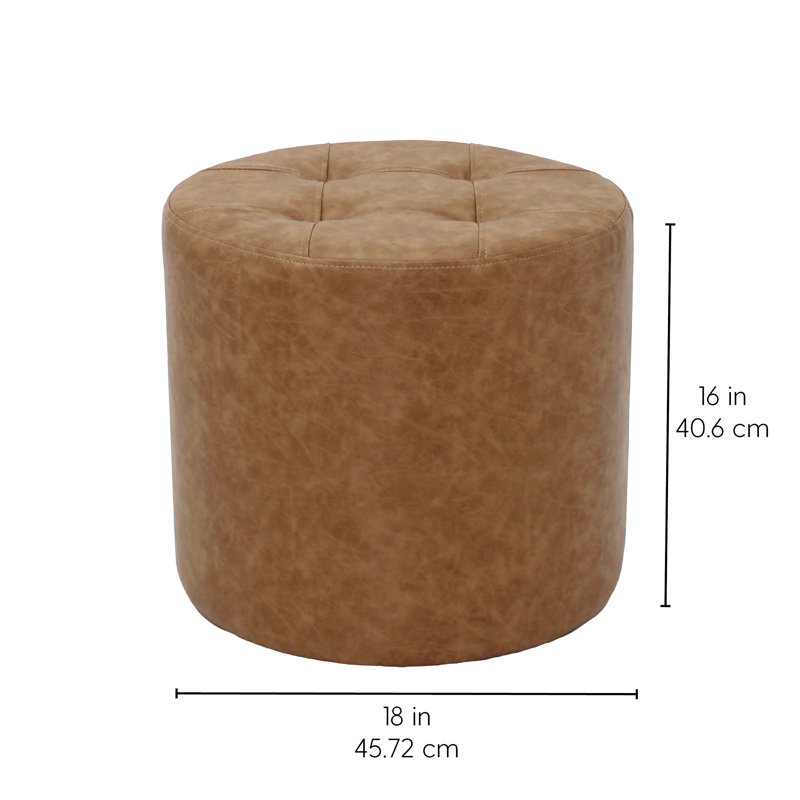 Repose-pieds rond capitonné en cuir vieilli, Polyuréthane brun clair