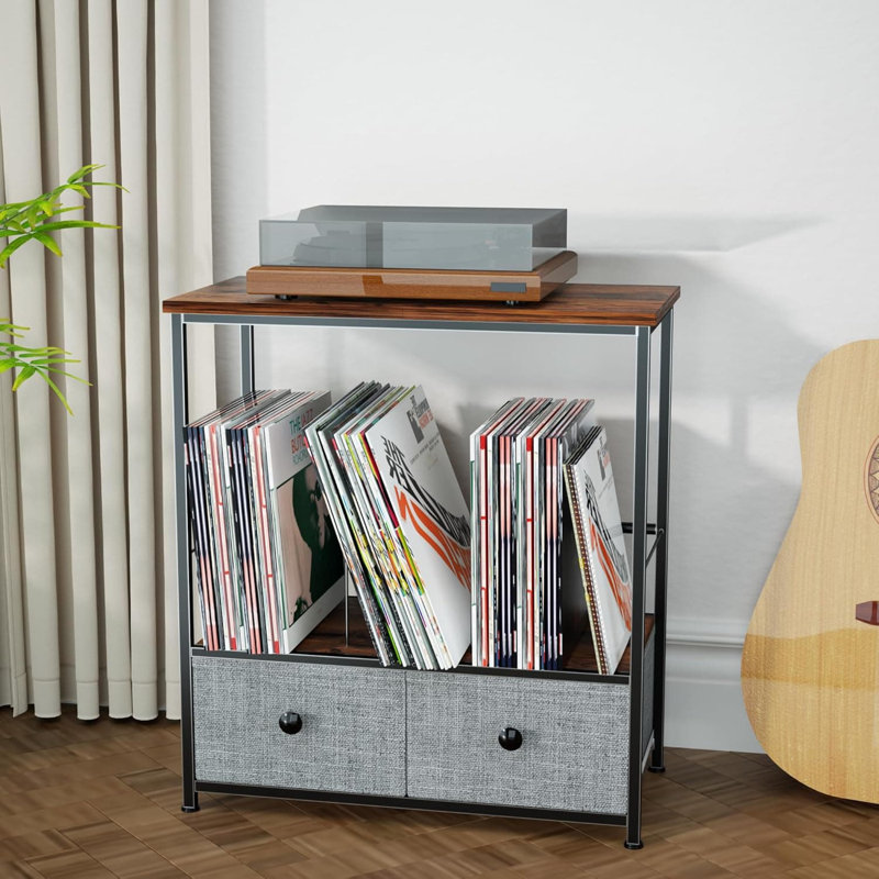 Record Player Stand With Vinyl Storage, 2-Tier Turntable Table With Fabric Drawer, Holds Up To 110 LP Albums, Compact Media Console For Living Room Or Studio