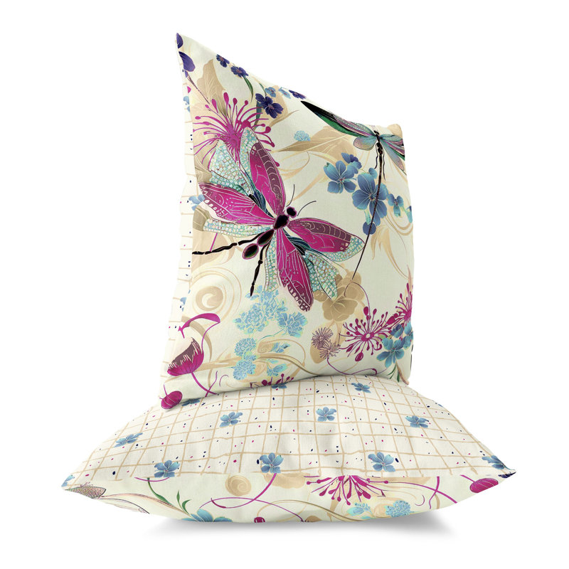 Coussin décoratif intérieur / extérieur Wings In Motion, H 26 po x l 26 po, Bleu / beige / rose