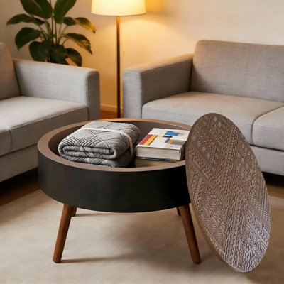 31.5-inch Round Carved Coffee Table with Storage Space
