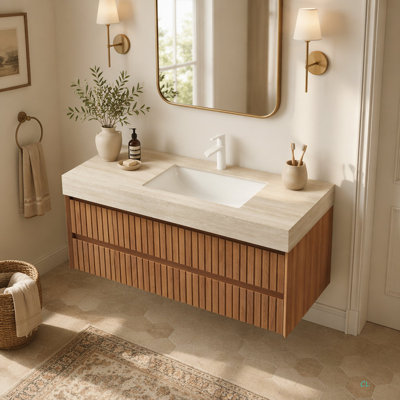 Meuble-lavabo 36 po, meuble-lavabo flottant rayé en contreplaqué avec 2 tiroirs, plateau en pierre sinte avec motif en travertin et lavabo encastré en céramique, pré-assemblé