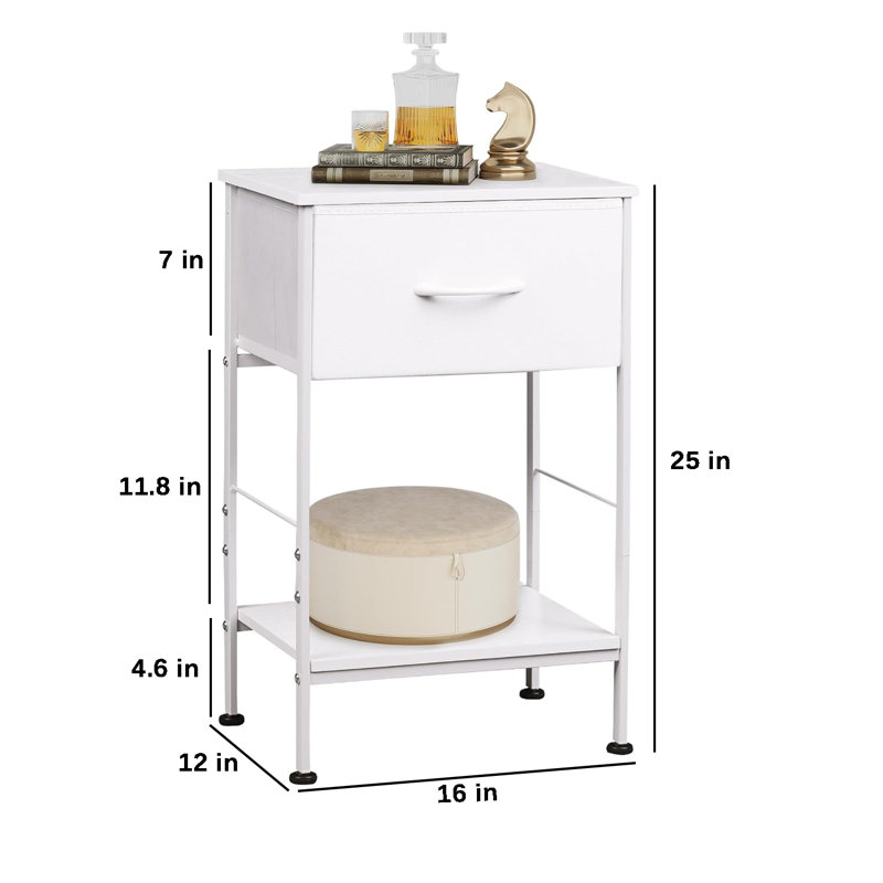 Charcoal Black Metal Nightstand Set with Fabric Drawer and Wood Shelf