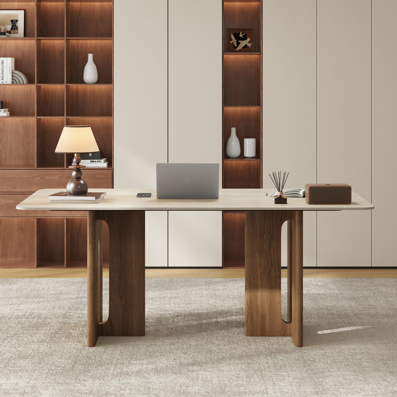 63" Modern Travertine Top Computer Desk, Rectangular Executive Desk With Swith Heavy-duty Dual Wooden Bases, Home Office Writing Desk