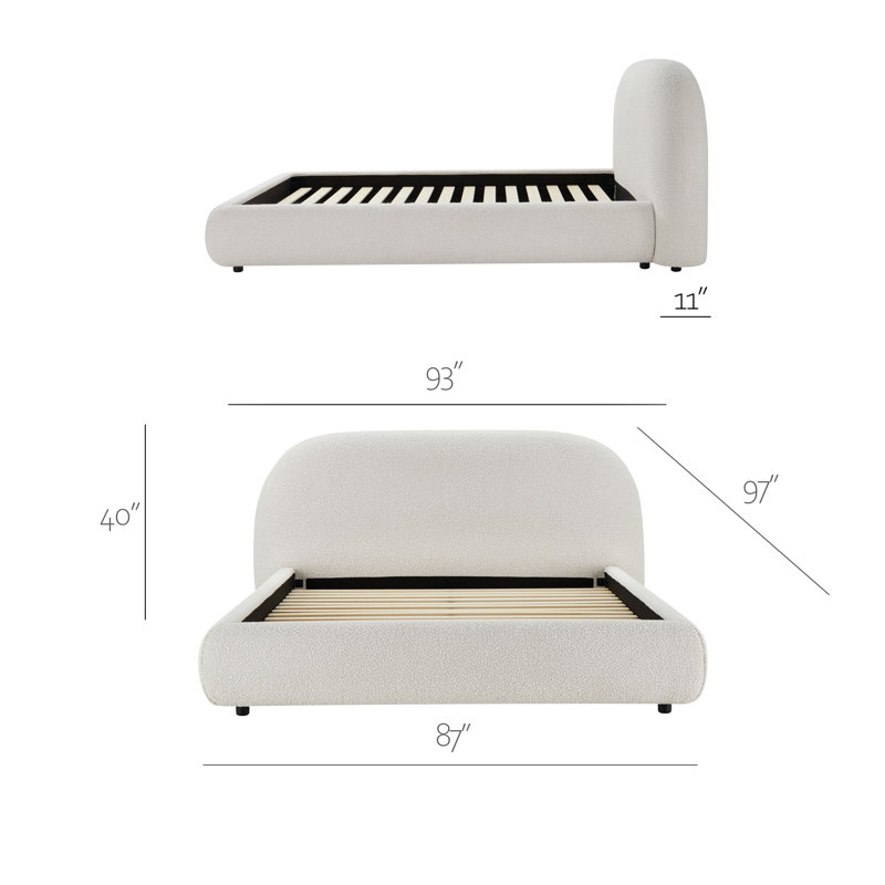 Modern upholstered storage bed in cream boucle fabric with lift-up storage and curved headboard, King