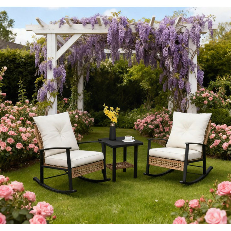 Patio Wicker Furniture Set With Button Tufted Cushions, Rattan Rocking Chairs, Coffee Table, White
