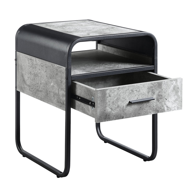 Table d'appoint gris béton et noir avec tiroir, rangement polyvalent et accents gris. Montage facile., Courbé