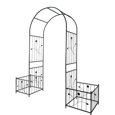 Arche de jardin en métal avec étagères latérales pour plantes, 202 cm (l) x 220 cm (h), noire, idéale pour les plantes grimpantes comme le lierre, les rosiers, les ipomées et le jasmin. Support pour plantes grimpantes.