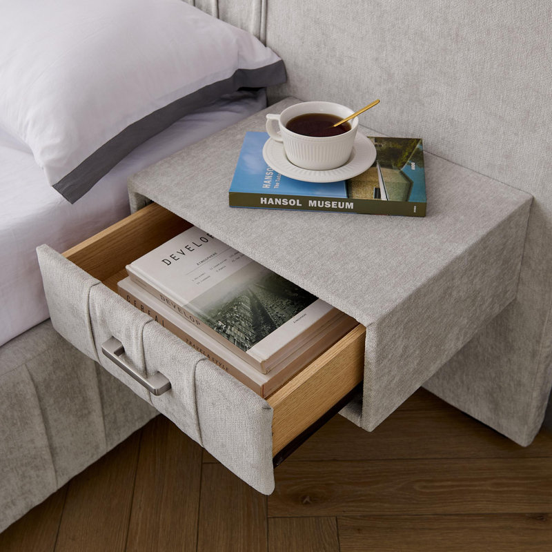 Très grande base de lit tapissier avec tête de lit, Beige, Très grand lit