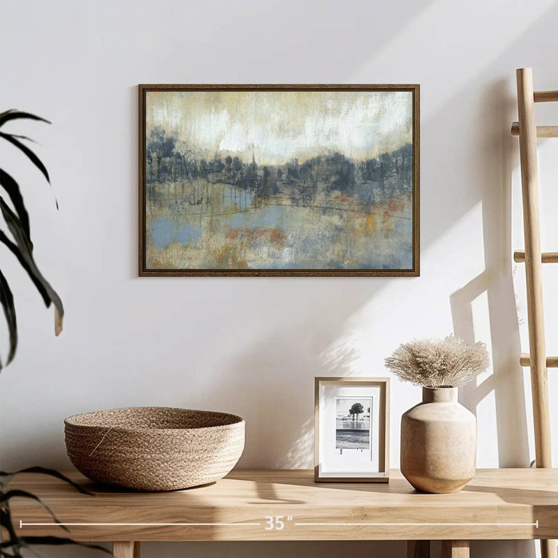 Horizon gris froid I, 19 po x 13 po, Cadre flottant noyer