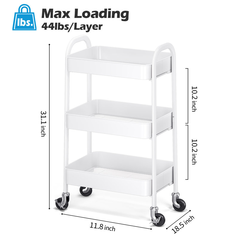 Metal Utility Cart, 3 Tier Rolling Cart With Lockable Wheels, White