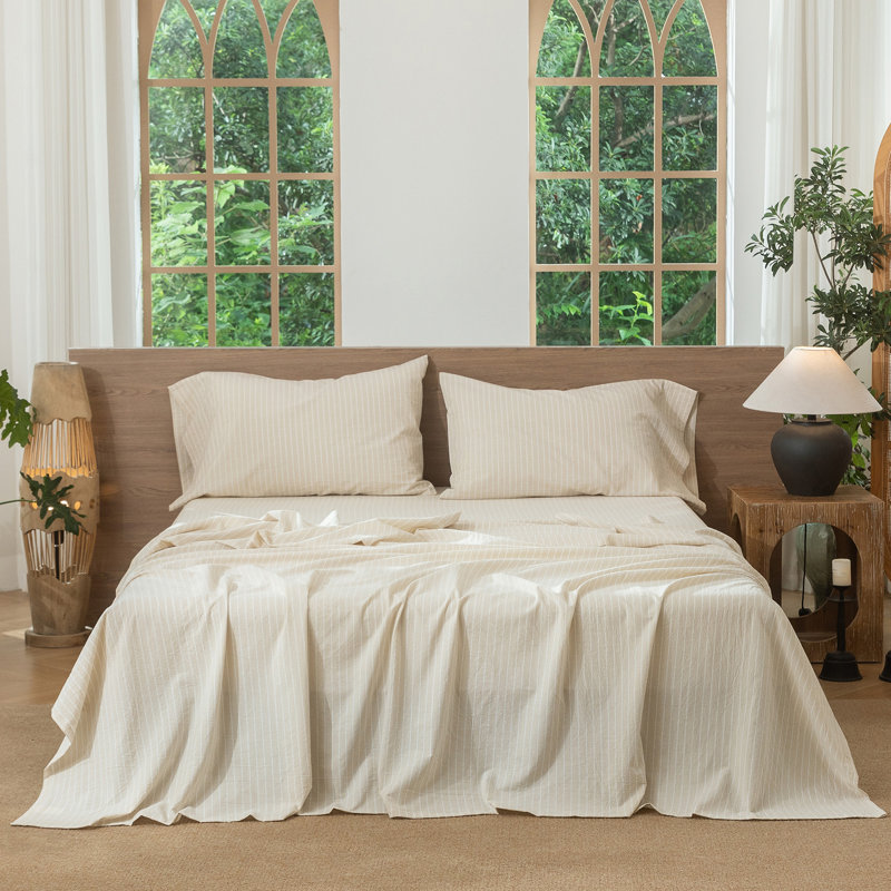 Moomee Striped Flat Sheet 100% Washed Cotton Linen Like Textured Breathable Lightweight, Queen Flat Sheet